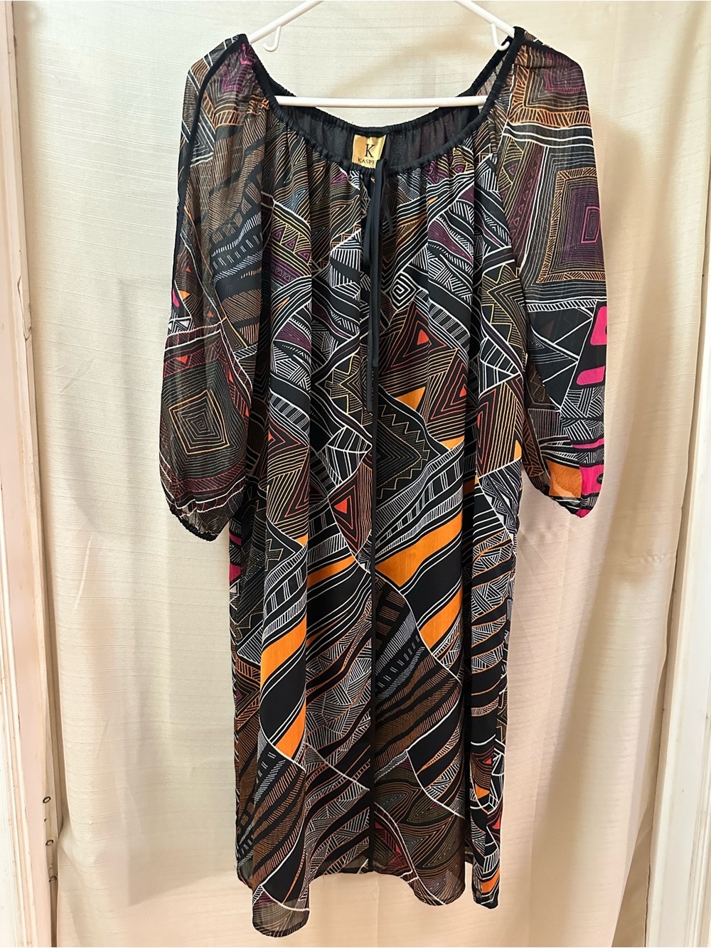 Kasper Geometric Print Sheer Overlay Dress Black Orange Pink Size Large L